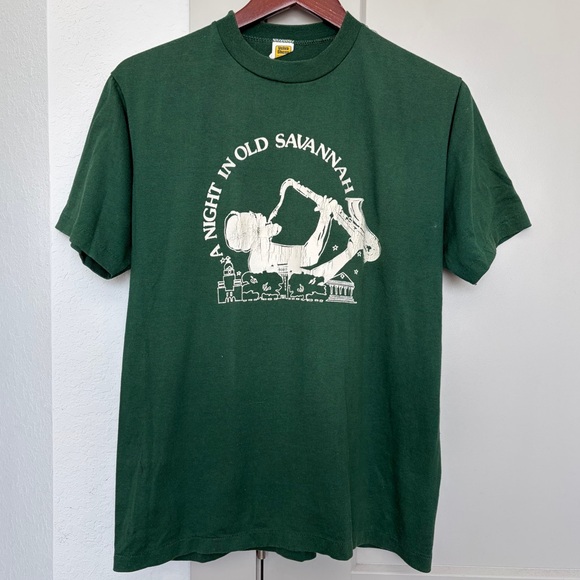 Vintage Other - VTG 80S A NIGHT IN OLD SAVANNAH JAZZ GREEN GRAPHIC SINGLE STITCH TSHIRT MEN L